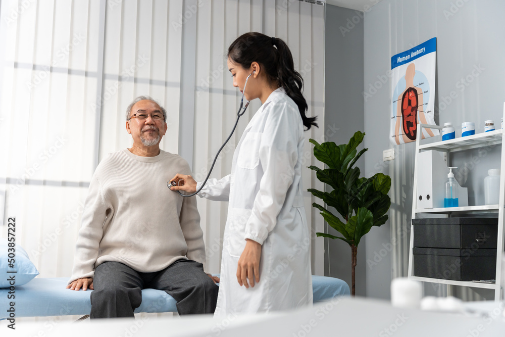 Fototapeta premium Asian senior man patient visit and consult health problem with doctor. 