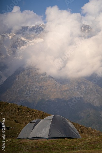 Camping on the top of the triund hill in mckleodganj. Himachal tourism concept.