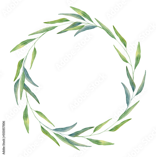 Watercolor field grass wreath. Greenery frame. Hand drawn watercolor illustration. Decorative design elements.