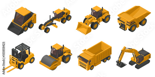 Set of 3D isometric heavy machinery used in the construction and mining industry,, front loader, dump truck, excavator, skid steer, mining truck, motor grader, soil compactor and lift truck