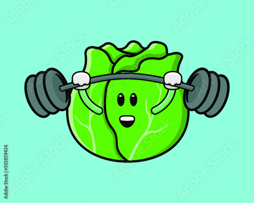 Cute cabbage mascot exercising shoulder press using barbells of illustration vector