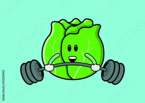 Cute cabbage mascot exercising barbell curl using barbells of illustration vector