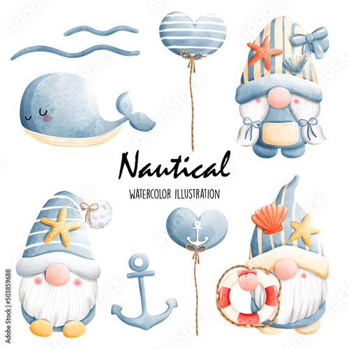 Watercolor nautical gnome, ocean. Vector illustration