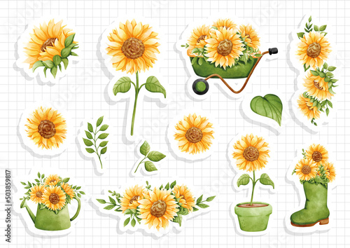 watercolor sunflower sticker, vector illustration