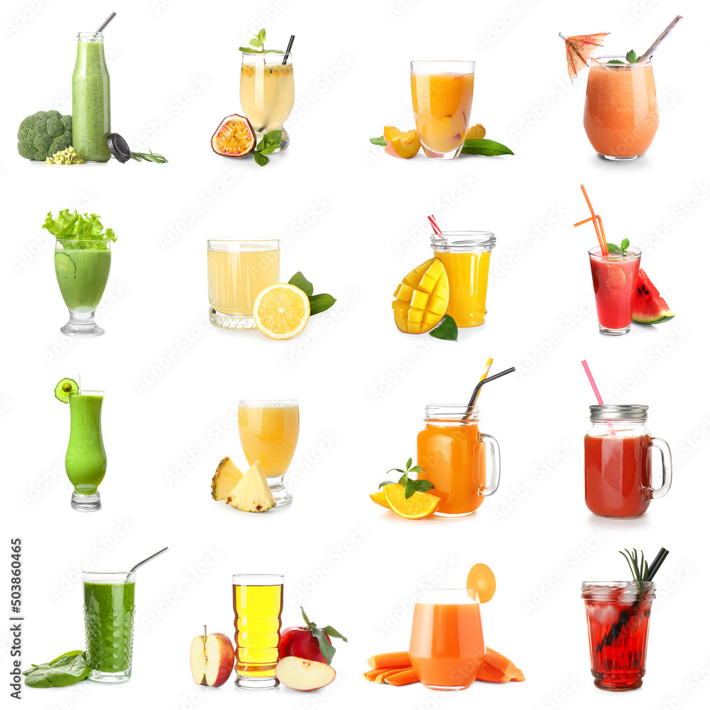Set of healthy colorful juices on white background