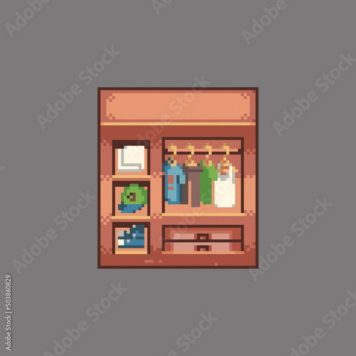 Fully editable pixel art vector illustration wardrobe cabinet for game development,
graphic design, poster and art.