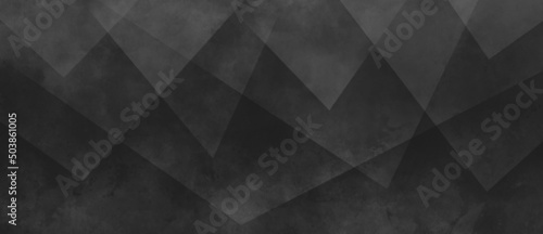 modern abstract black background design with layers of textured white transparent material in triangle diamond and squares shapes in random geometric pattern with grunge watercolor texture