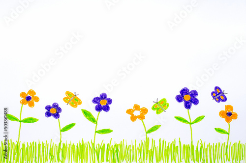 Beautiful flowers and butterflies. Children's drawing with felt-tip pens.