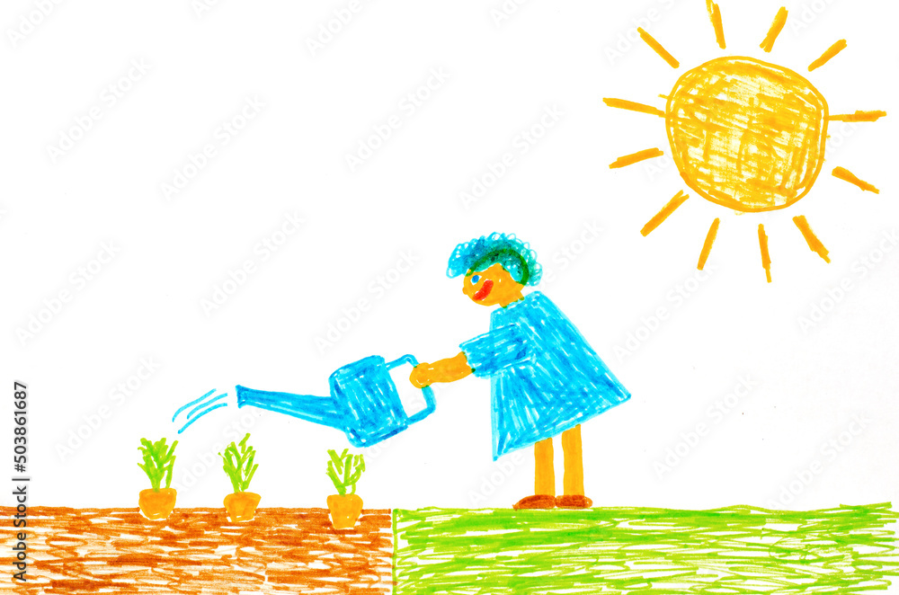 A girl from a watering can is watering a vegetable garden. Children's drawing with felt-tip pens. - obrazy, fototapety, plakaty 