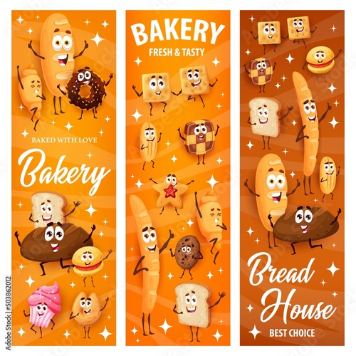 Cartoon bread, bakery and confectionery characters. Vector banners with funny pastry fortune cookie, donut, cracker, chocolate croissant or cupcake, shortbread, baguette and loaf, toast or star