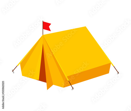 Tent camp vector icon isometric 3d object isolated on white background cartoon illustration, camping tourist canvas shelter closeup cut out clipart image