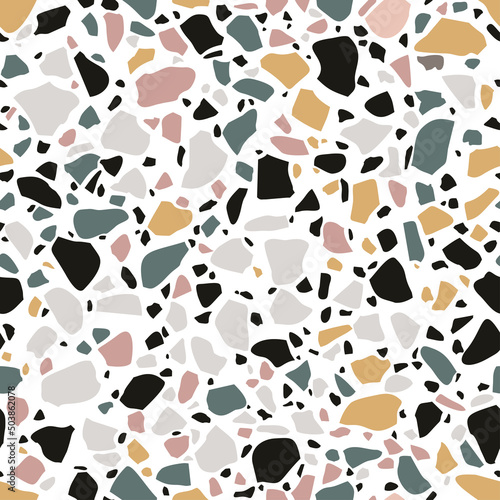 Terrazzo flooring seamless pattern. Mosaic color floor. Tile with pebbles and stone. Abstract texture background with polished rock surface. Vector