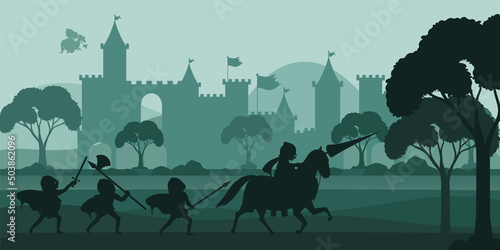 Battle scene silhouette with medieval