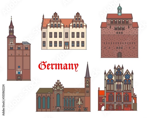 Germany, Tangermunde, Stendal and Havelberg buildings, vector architecture landmarks. Germany Saxony Anhalt architecture of St Nicolas Church or Sankt Nikolaus Dom, Saint Stephan kirche and Rathaus photo