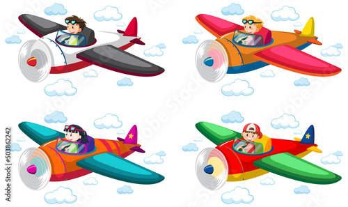 Set of children flying airplane