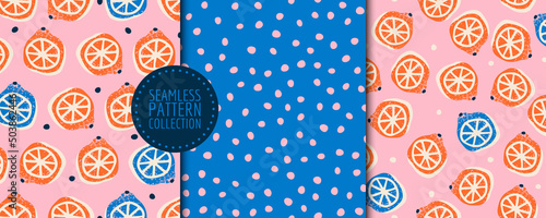 Colorful set with seamless patterns with citruses and dots. Vector cute backgrounds, prints, wrapping papers