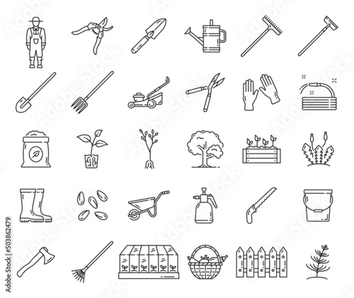 Agriculture farming and gardening, farmer tools icons, vector farm equipment. Line icons of garden rake and spade, seeds and shovel, watering can and farm wheelbarrow with mower and seedling pruner