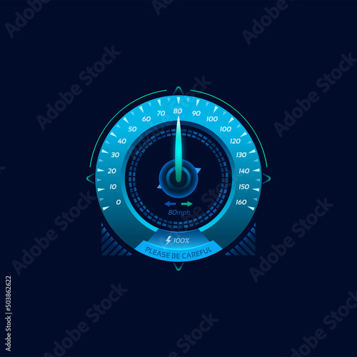 Car speedometer futuristic dial gauge. Neon led futuristic speed meter. Electric vehicle speedometer interface, speed meter digital indicator or odometer vector gauge with arrow, energy charge level