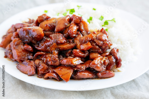 Homemade Teriyaki Chicken with White Rice on A Plate, side view. Close-up.