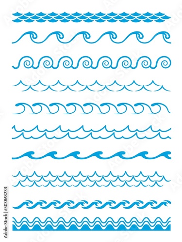 Wave patterns, frame borders and wavy line separators, vector set. Water wave blue ripples, zigzag curves, tide curls of sea or ocean waves for frame border