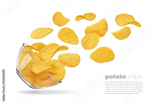 Flying ripple potato chips. Glass bowl and falling chips 3d vector crispy vegetable snacks or junk food. Isolated crunchy slices of salty chips, realistic wavy crisps in transparent plate photo