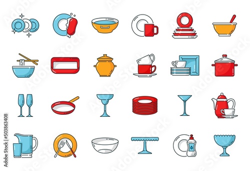 Kitchen plates, dishes and utensils color outline icons of vector food cook tools, cutlery and kitchenware. Vector spoon, fork, knife and pot, frying pan, glass, cup, bowl, mug and teapot objects