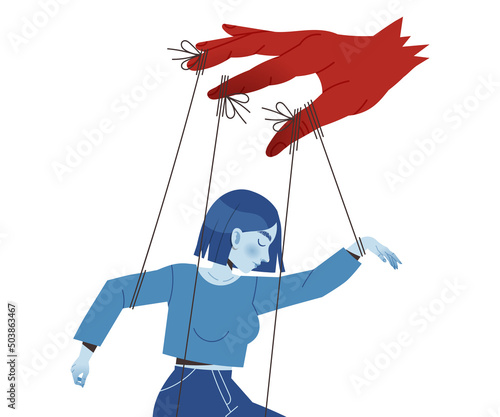 Woman Victim with Hand Pulling Ropes Suffering from Abuse and Bullying Vector Illustration