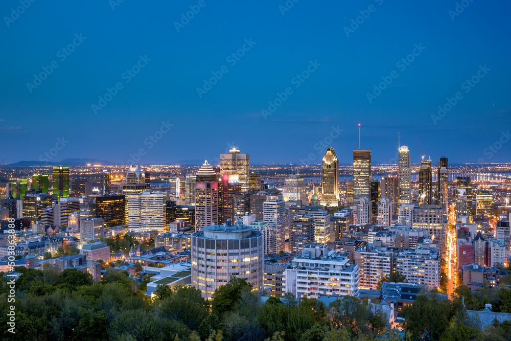 The skyline of Montreal Canada at dusk 