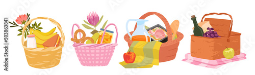 Picnic baskets with food for family dinner or breakfast, romantic dating set vector illustration. Cartoon healthy farm fruit and vegetables, sandwich, cheese and bottle of wine isolated on white