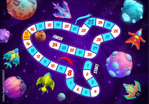 Kids step board game. Cartoon galaxy planets, stars and spaceships. Children playing activity vector worksheet, kids boardgame with dice roll and move task, space alien starships, cosmos planets