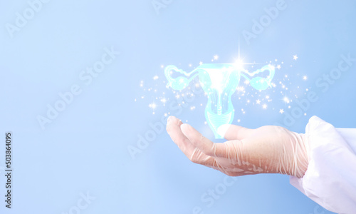 Doctor and hologram of the female uterine organ. gynecology, obstetrics, pregnancy, modern medicine, medical examination, women's consultation, ultrasound