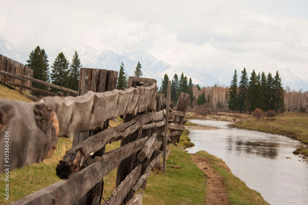 Fototapeta premium river in mountains. wonderful springtime scenery of carpathian countryside. blue green water among forest and rocky shore. wooden fence on the river bank. sunny day