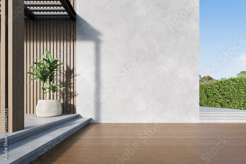 3d render of exterior wooden balcony with large empty concrete wall.