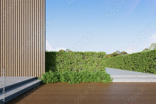 3d render of exterior wooden balcony and garden hedge. photo