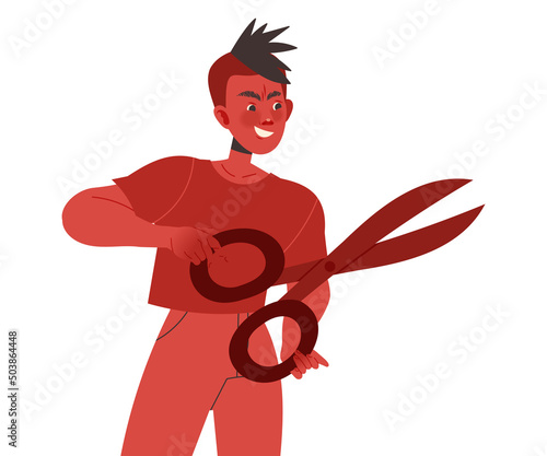 Red Man Aggressor with Scissors Abusing and Insulting Weak Vector Illustration