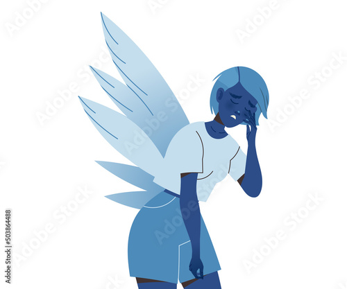 Subdued Woman Victim with Wings Suffering from Abuse and Bullying Vector Illustration