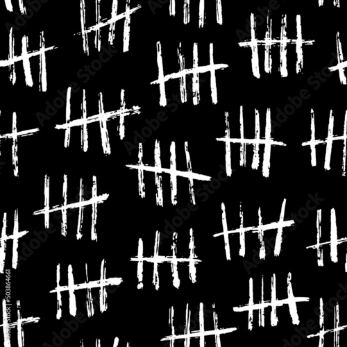 Wall tally marks seamless pattern, prison hash or jail count lines, vector background. Hand drawn tally marks on wall, hand scratch numbers or chalk strokes and white brush marks pattern on black wall