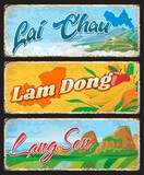Lai Chau, Lam Dong and Lang Son Vietnamese provinces travel plates, vector stickers. Vietnam landmarks and region tourism places tin signs with travel places, tourism and vacation luggage tags