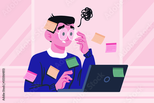 Overwhelmed man concept. Burnout. Stress, overload, fatigue. Heavy office work. Busy workerperson, deadline. Mental problem. Time pressure. Anxiety, depression. Tired workaholic. Vector illustration.
