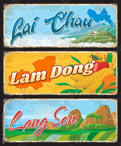 Lai Chau, Lam Dong and Lang Son Vietnamese provinces travel plates, vector stickers. Vietnam landmarks and region tourism places tin signs with travel places, tourism and vacation luggage tags photo