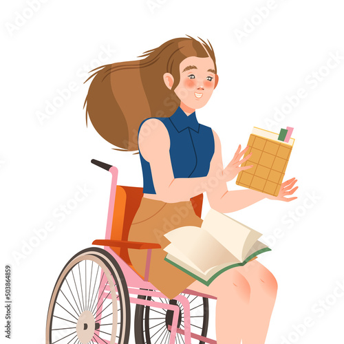 Bookcrossing with Happy Woman Character on Wheelchair Reading Borrowed Paper Book Vector Illustration
