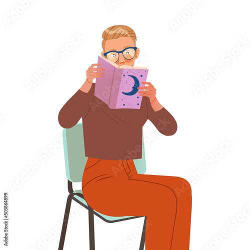 Bookcrossing with Happy Man Character Sitting on Chair and Reading Borrowed Paper Book Vector Illustration