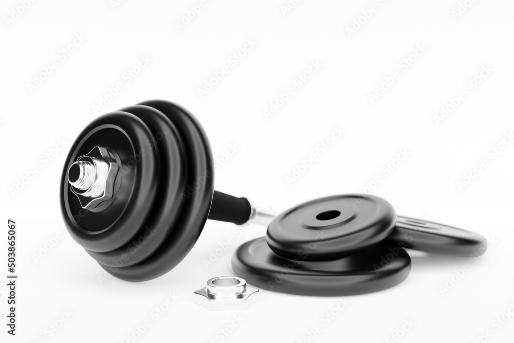 Black iron dumbbells with disassembled plates on white isolated background. 3D rendering Black iron dumbbells with disassembled plates on white isolated background. 3D rendering