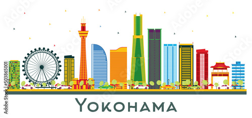 Yokohama Japan City Skyline with Color Buildings Isolated on White.