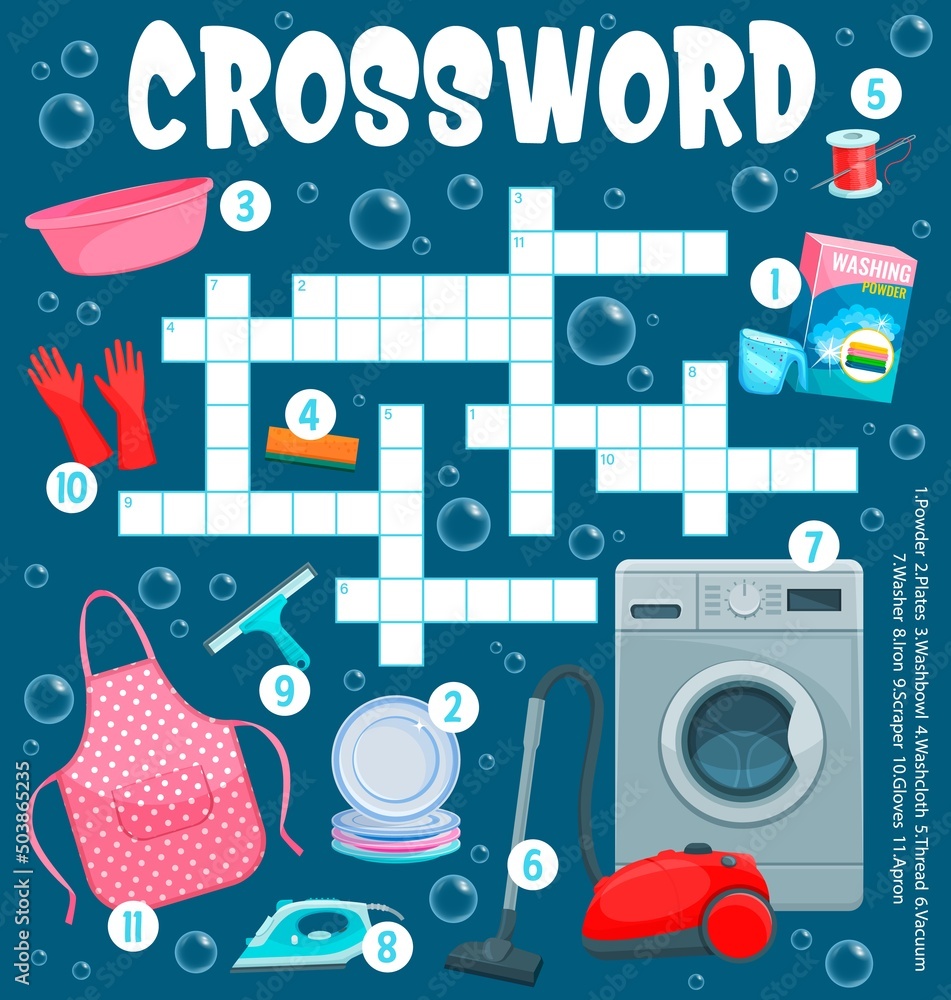 Cleaning and washing appliance and items vector crossword worksheet