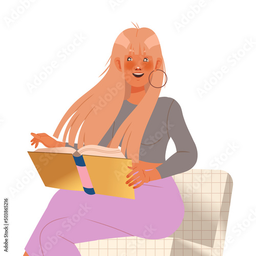 Bookcrossing with Happy Blond Woman Character Sitting on Chair and Reading Borrowed Paper Book Vector Illustration