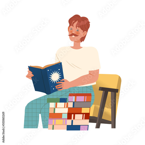 Bookcrossing with Happy Mustached Man Character Sitting on Chair and Reading Borrowed Paper Book Vector Illustration