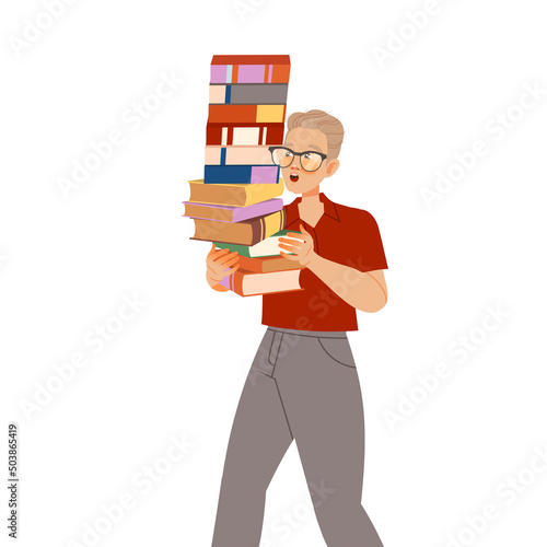 Bookcrossing with Happy Man Character Carrying Pile of Borrowed Paper Book Vector Illustration
