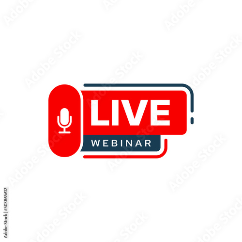 Live webinar icon or free online webcast button with retro microphone. Virtual training course, seminar or lesson of web education isolated red symbol with podcast or broadcast mic