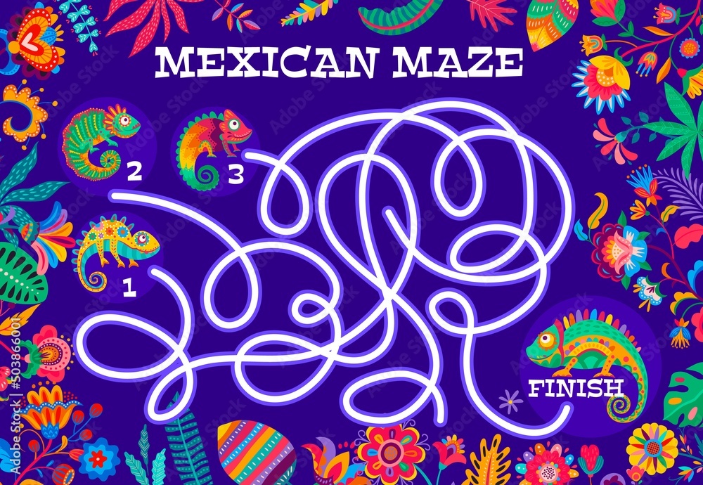 Naklejka premium Labyrinth maze worksheet with cartoon Mexican chameleons and flowers, vector kids riddle game. Find couple of reptiles, find way or escape track puzzle with chameleons and Mexican flowers